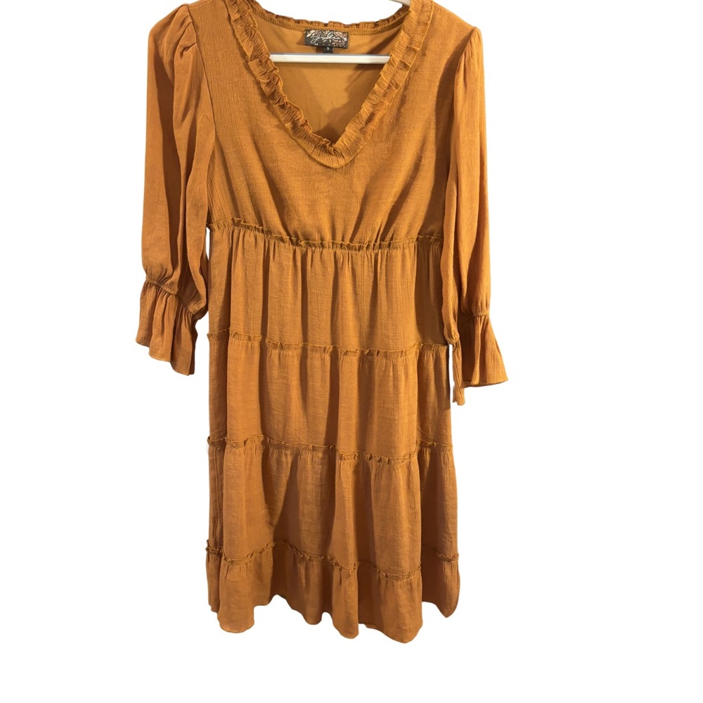 J Gee Tiered Bohemian V-Neck Long Sleeve Dress in Mustard Small New